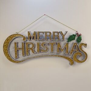 Vintage 1980's Plastic Merry Christmas Silver and‎ Gold Hanging Sign 14 1/2"